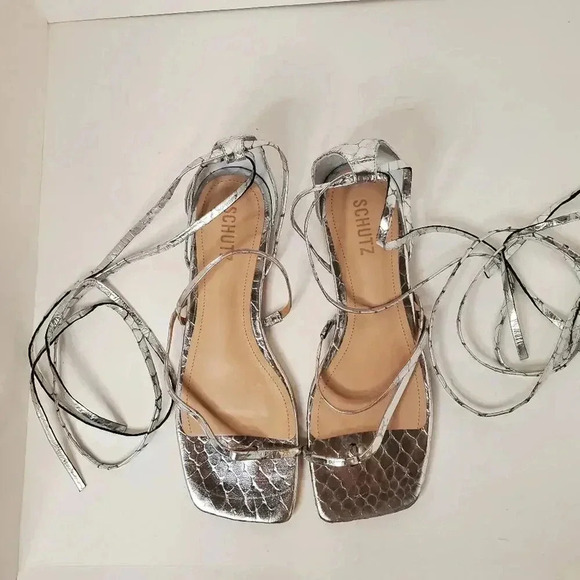 SCHUTZ Krist Flat Sandals in Croc-embossed Metallic Leather 10B - Picture 7 of 14